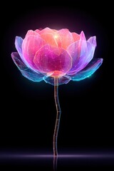 Leinwandbilder - Digital Lotus Blossom Glowing on Dark Background Abstract Floral Art Illustration