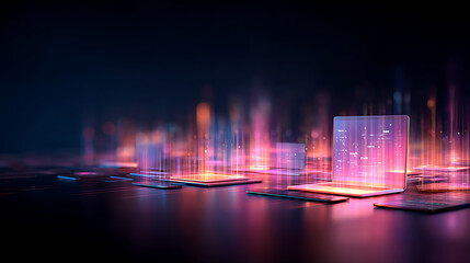 Poster - Glowing electronic devices on a dark background, showcasing a neon color scheme, illustrating a concept of digital connectivity. Generative AI 45612557 1