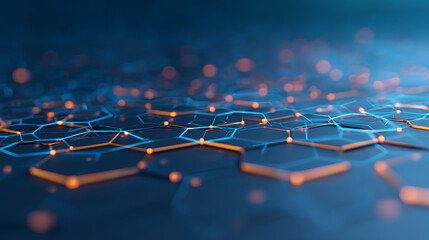 Poster - A honeycomb pattern with neon blue lights on a dark background, modern tech concept. 3D Rendering 80072515 2
