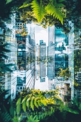 Poster - Urban jungle perspective of modern architecture and lush green foliage creating a unique cityscape view