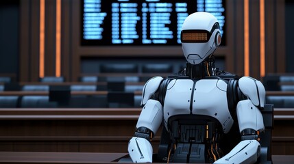 Poster - A humanoid robot sits in a modern courtroom, suggesting themes of artificial intelligence and future technology in legal settings.