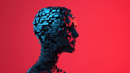 Poster - A figure made of blue-black cubes forms a human head and shoulders against a vibrant red background.