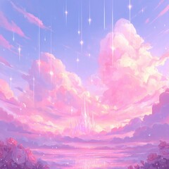 Poster - Dreamy Pink Clouds and Castle Illustration with Sparkling Stars and Roses Landscape Art Style