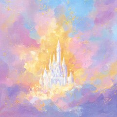 Poster - Dreamy Castle in the Sky Oil Painting Fantasy Landscape with Pastel Clouds and Golden Light Artistic Impression