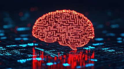 Poster - A glowing digital brain with circuitry patterns symbolizes artificial intelligence and technology on a futuristic grid background.