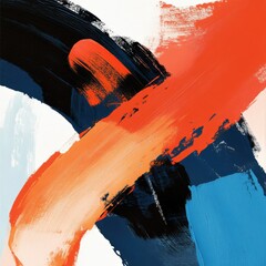 Poster - Abstract Expressionism Painting with Bold Brushstrokes of Orange Blue and Black on White Canvas Close Up