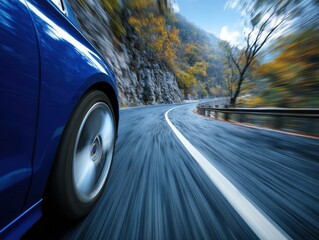 Poster - Blue car driving fast on winding road through mountains motion blur low angle shot autumn landscape travel adventure scenic drive