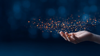 Aufkleber - A hand with digital network connections and particles, in a photorealistic style, on a dark blue bokeh background, concept of technology and innovation. Generative AI 90302597 2