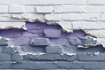 Poster - Close-up of a Painted Brick Wall with Peeling Paint in White Purple and Grey Colors Abstract Textured Background Detail