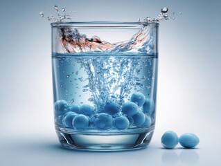 Poster - Effervescent Tablets Dropped in Glass of Water Causing Splash Close Up Studio Shot Refreshing Hydration
