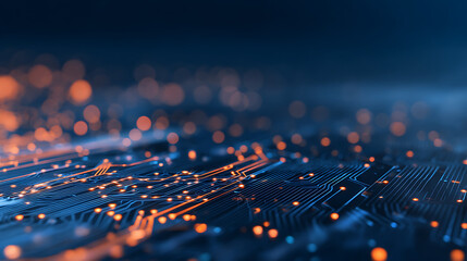 Poster - A digital landscape with blue circuit pathways and glowing orange dots on a dark background, symbolizing a technologically advanced concept. Generative AI 28046334 2