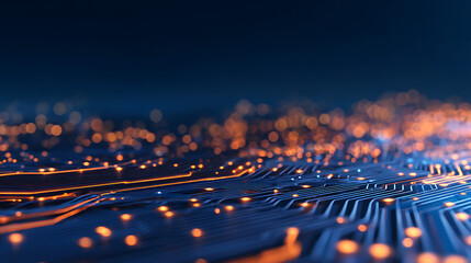 Aufkleber - A digital landscape with blue circuit pathways and glowing orange dots on a dark background, symbolizing a technologically advanced concept. Generative AI 13381494 3