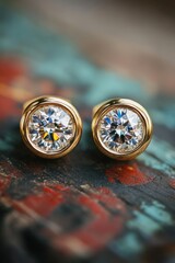Poster - Close-up of Two Diamond Stud Earrings in Gold Setting on Rustic Painted Wood Surface Jewelry Fashion Still Life