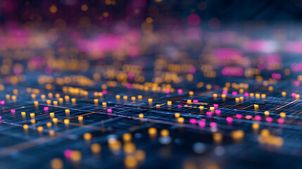 Poster - Pixelated digital burst in yellow and pink hues on a dark grid background. Design and creativity concept. 3D Rendering 25829347 4