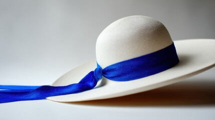 Poster - Elegant Straw Hat with Blue Ribbon, Close-Up Studio Shot, Fashion Accessory, Summer Style, Sophisticated Design, Minimalist Background