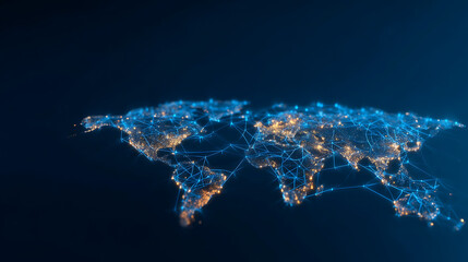 Poster - Abstract digital world map with blue glowing grid network lines on dark background. Connectivity concept. Generative AI 76824098 3