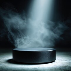 Poster - Spotlight on Round Black Stage with Smoke Background Studio Shot for Product Display and Presentation Minimalist Style