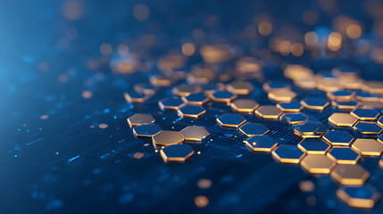 Aufkleber - Golden hexagons on blue tech background. Geometric pattern and innovation concept. Generative AI 69387455 2