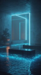 Leinwandbilder - Abstract Neon Lit Water Feature with Concrete and Plants Vertical Composition