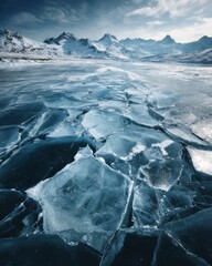 Poster - Cracked Ice Surface in Mountainous Landscape Winter Scene Aerial View Frozen Lake in Cold Climate