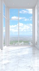 Poster - Bright modern interior with marble floor and city view from large window in luxury apartment sunny day