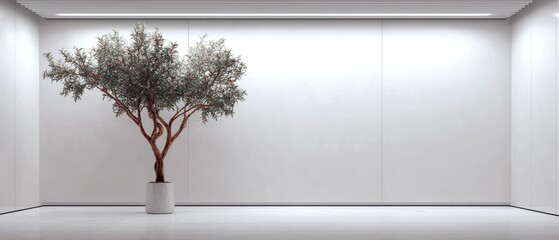 Poster - Potted Tree in Minimalist Room Interior Design Clean White Walls Modern Architecture Indoor Plant Decor Home Office Space