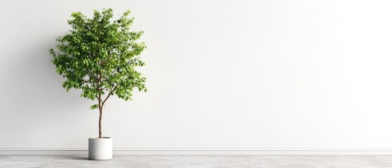 Poster - Indoor Tree in Pot Against White Wall Minimalist Style Interior Design Green Plant Home Decor Copy Space Modern Bright