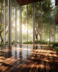 Poster - Interior view of modern office building with floor-to-ceiling windows overlooking lush green trees and sunlight shining through, hardwood floor