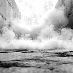 Poster - Ethereal fog rising between concrete walls monochrome perspective view atmospheric mist steam nature landscape environment outdoors