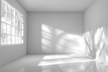 Poster - Minimalist Interior with Sunlight Streaming Through Window Casting Shadows on Walls and Floor in Empty Room