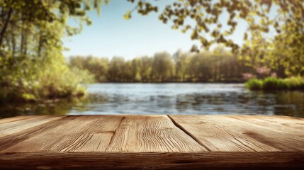 Poster - Wooden Tabletop Displaying Tranquil Lake View with Trees in Background, Summer Day, Landscape Shot, Natural Beauty