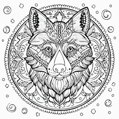  Intricate black and white mandala-style vector illustration of a fox head with elaborate symmetrical patterns, perfect for adult coloring books and zen artwork