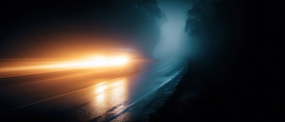 Poster - Car headlights illuminate foggy road at night long exposure motion blur atmospheric perspective