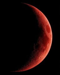 Wall Mural - waning crescent moon close up view showing craters and texture in dramatic red color against black b