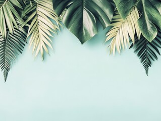 Poster - Tropical leaves arrangement on light blue background flat lay top view nature inspired design element