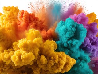 Poster - Colorful powder explosion on white background creating vibrant cloud of hues in studio shot for Holi festival celebration