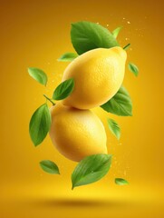 Poster - Two lemons floating midair with green leaves against a yellow background studio shot vibrant citrus fruit still life