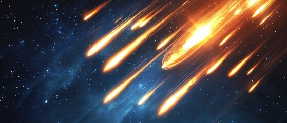 Poster - Dramatic View of Fiery Meteors Streaking Across Starry Night Sky, Space Scene, Cosmic Event, Astronomy Concept, Abstract Illustration