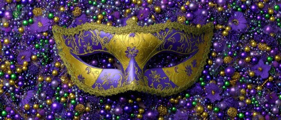 Poster - Ornate Mardi Gras Mask Still Life Overhead Shot on Bead Background Purple Gold Green Celebration