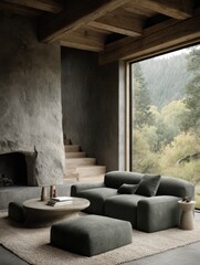 Poster - Interior design of living room with stone fireplace and green sofa overlooking forest landscape from large window