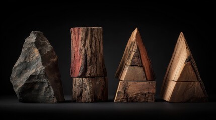 Poster - Still life of rock cylinder and pyramids made of wood against black backdrop in studio setting