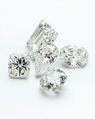 Poster - Assorted diamonds shining on white surface, close up studio shot of cushion cut emerald pear oval and radiant gems