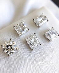 Poster - Assortment of Loose Diamonds Displayed on White Fabric Close Up High Angle Studio Shot for Jewelry Design
