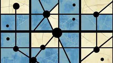 Poster - Abstract Grid of Cracked Blue and Beige Tiles with Black Circles