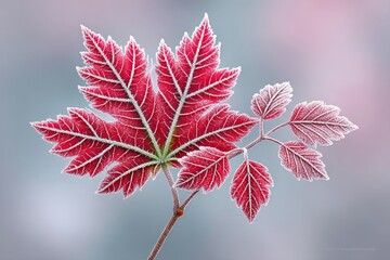 Wall Mural - A close-up of a maple leaf with intricate frost patterns forming on its edges
