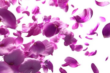Poster - Falling Purple Petals Abstract Against White Background Close Up Low Angle Shot Romantic Floral Design Element