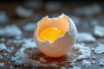 Poster - frosted glass appearance with translucent shells and a luminous, glowing yolk inside the broken egg