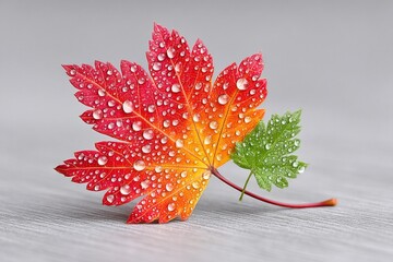 a dramatic close-up of a wet maple leaf on pavement after rain