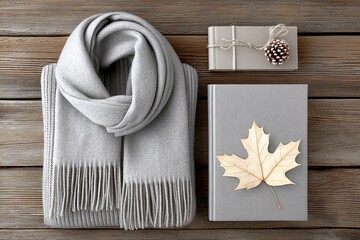 a fashion flatlay featuring a scarf, book, and maple leaf on a rustic wood background