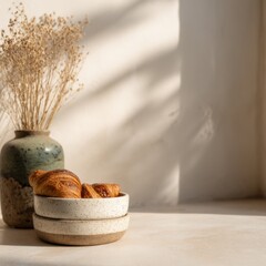 Poster - Croissants in bowls with vase of dried flowers on table in warm light, still life, eye-level, indoor, cozy